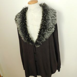 AVENUE Brown Cardigan Removable Faux Fur Collar